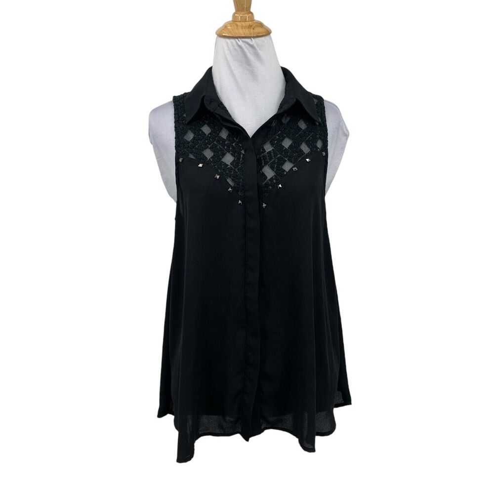 Astr Top Womens S Small Black Mesh Lace Panels Studded Hidden Button Tunic